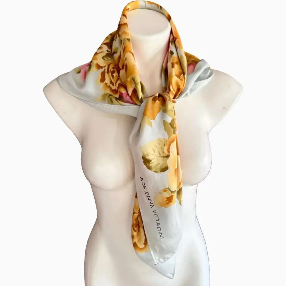 Vintage Adrienne Vittadini Silk Scarf 1990s Gold Pink Rose Floral 34 Square